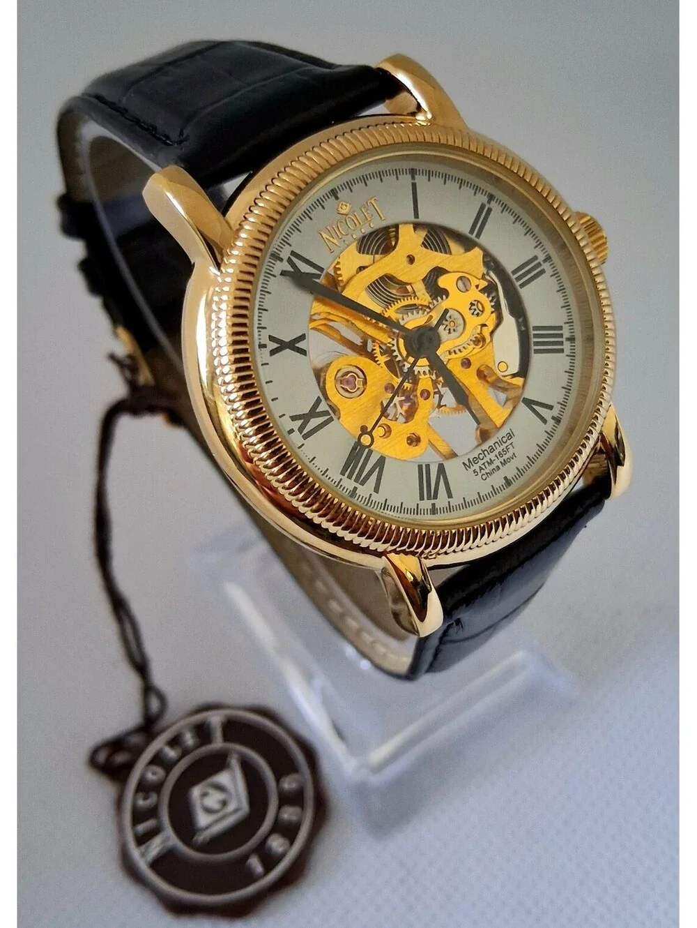NEW in Box RARE Nicolet 1886 NT322122 Skeleton Mechanical Men's Leather Watch